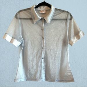 90s vintage baby blue shiny sheer mesh short sleeve button down blouse